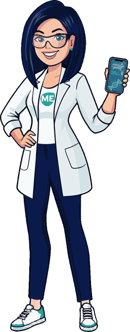 Emma, the EMma Soft reporting assistant, holding a phone showing a genetic report